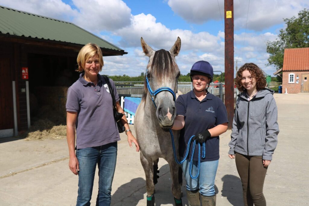 member of staff holding grey arab with new owners stood either side