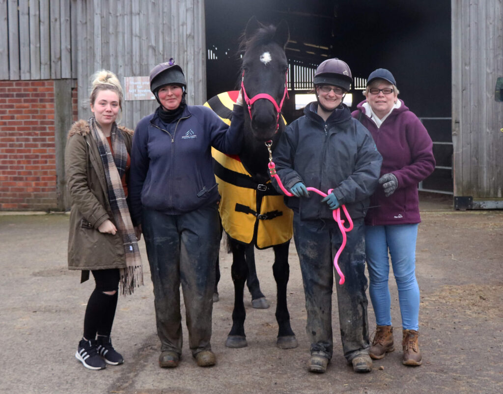 black mare stood with team members wearing a rug and a pink headcollar