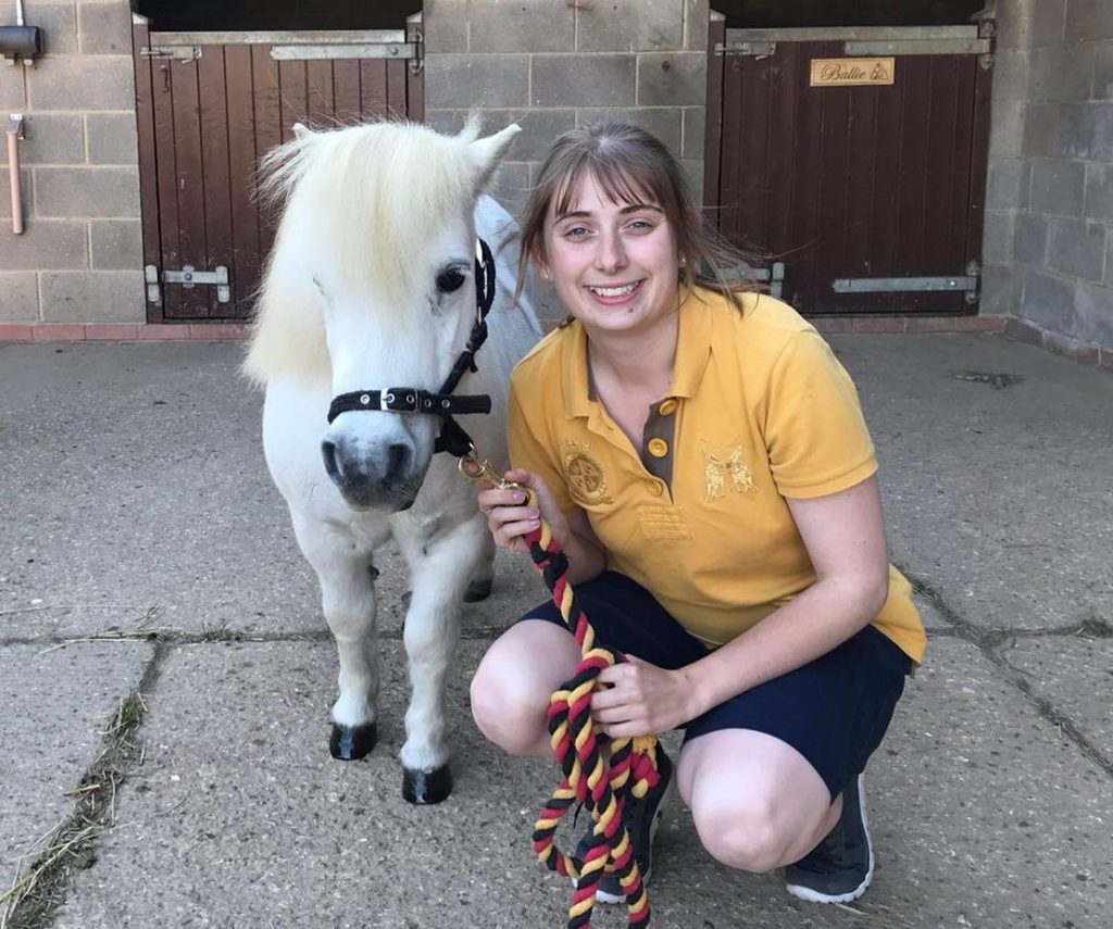 woman wearing a yellow t-shirt crouched down next to a white shetland pony