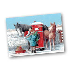 christmas card design with a child lifting up a toddler to help them put a card into a letter box. Two horses stand on either side