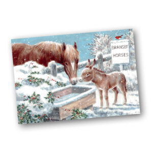 christmas card design of a horse and a small donkey saying hello over a fence in two snowy fields