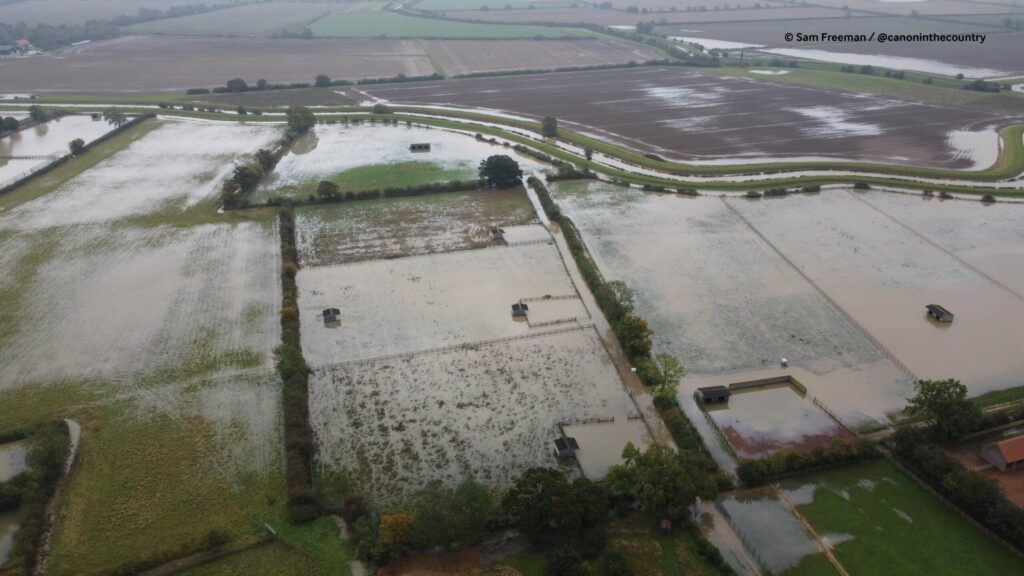 aerial view of Bransby horses' flooded fields