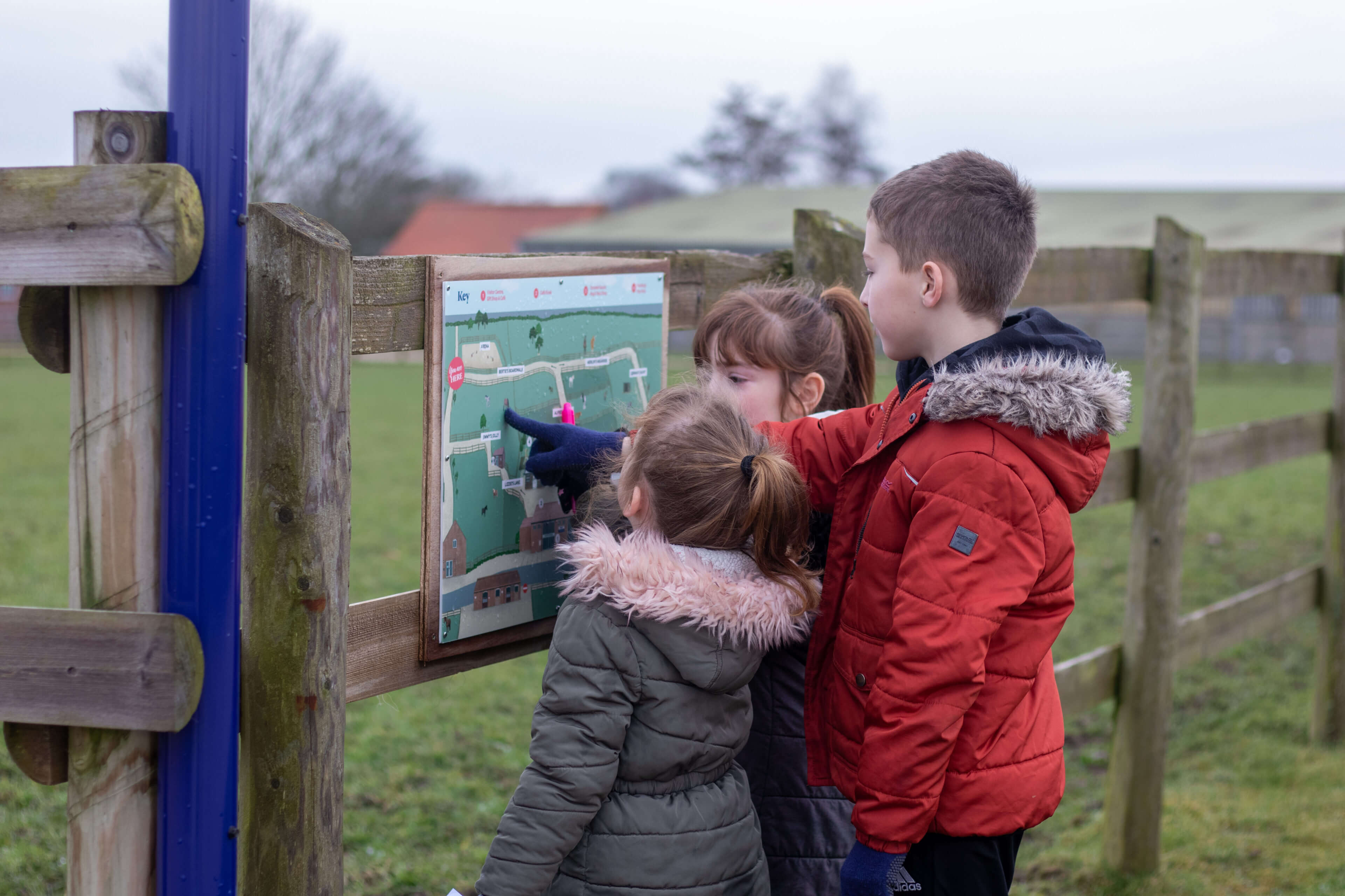 three children looking and pointing at a map of bransby horses mounted on a fence.