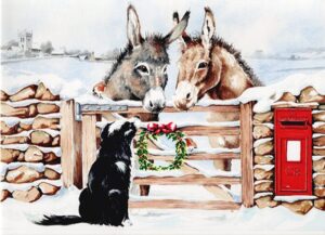 christmas card, design features two donkeys with heads over a gate looking at a collie dog sat on the other side