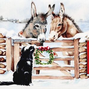 christmas card, design features two donkeys with heads over a gate looking at a collie dog sat on the other side