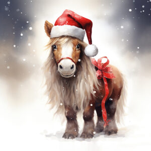 digital image of a shetland pony wearing a santa hat with a red ribbon tied around their belly