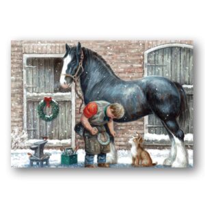 festive scene of a farrier picking out the feet of a shire horse, as snow falls around them