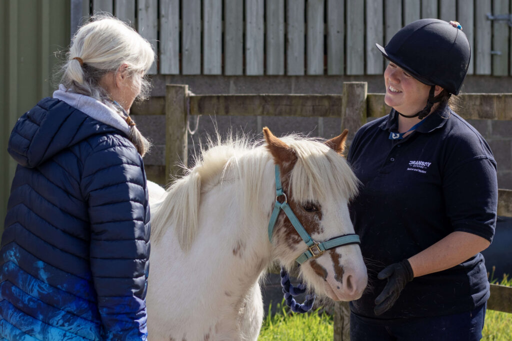 members of staff holding a pony stood with a visitor