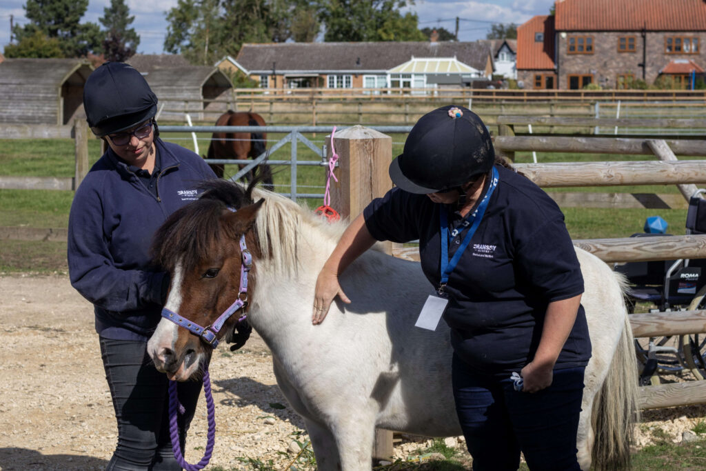 members of staff demonstrating how to look for areas of fat on a pony