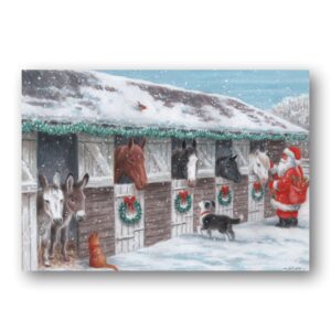 festive christmas card of santa visiting a row of stables, with horses heads over the stable doors