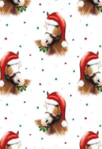 horse wearing a santa hat patterned wrapping paper