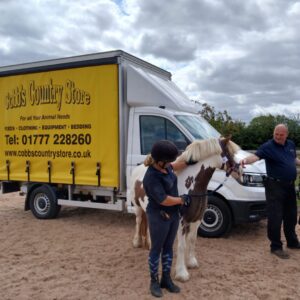 member of staff stood holding a pony next to a cobbs country store van