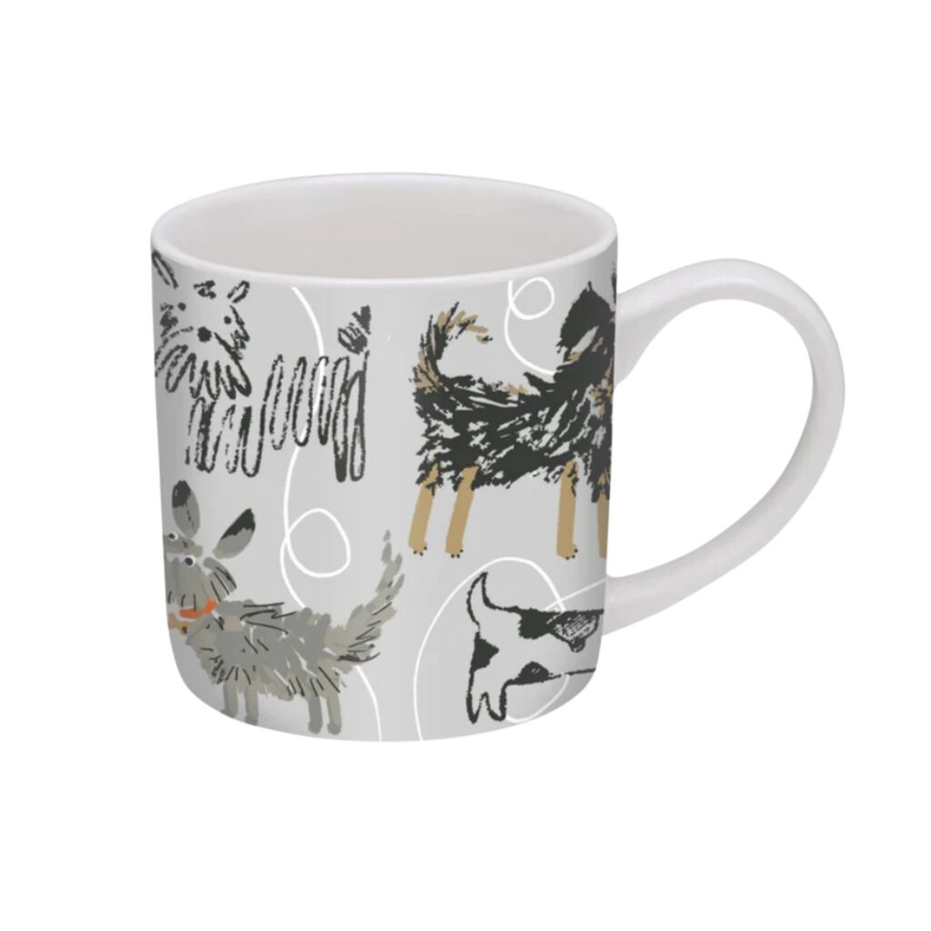 grey mug patterned with various breeds of dog