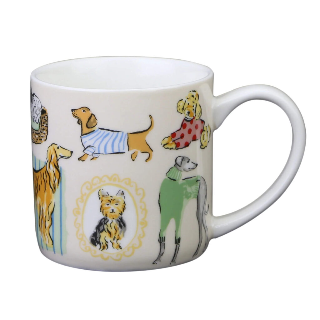 a patterned mug with various dog breeds
