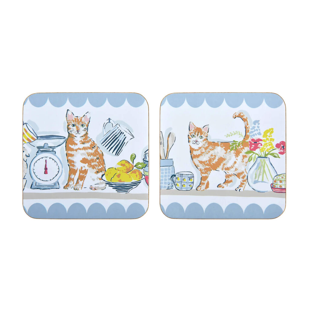 set of coasters with pantry cat design